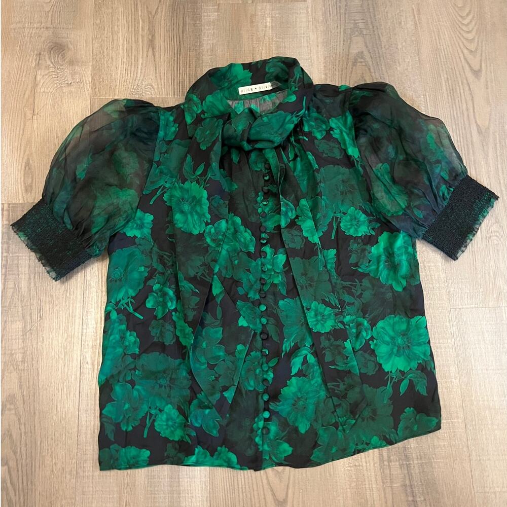 Alice + Olivia Black & Green Dark Floral Tie Front Blouse